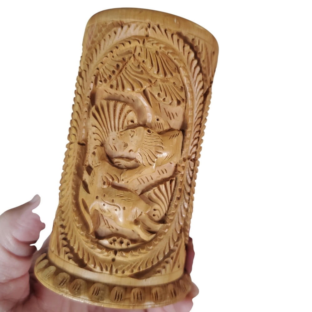 Vintage Hand-Carved Wooden Pen Holder - African Wildlife & Jungle Scene - Picture 3 of 8